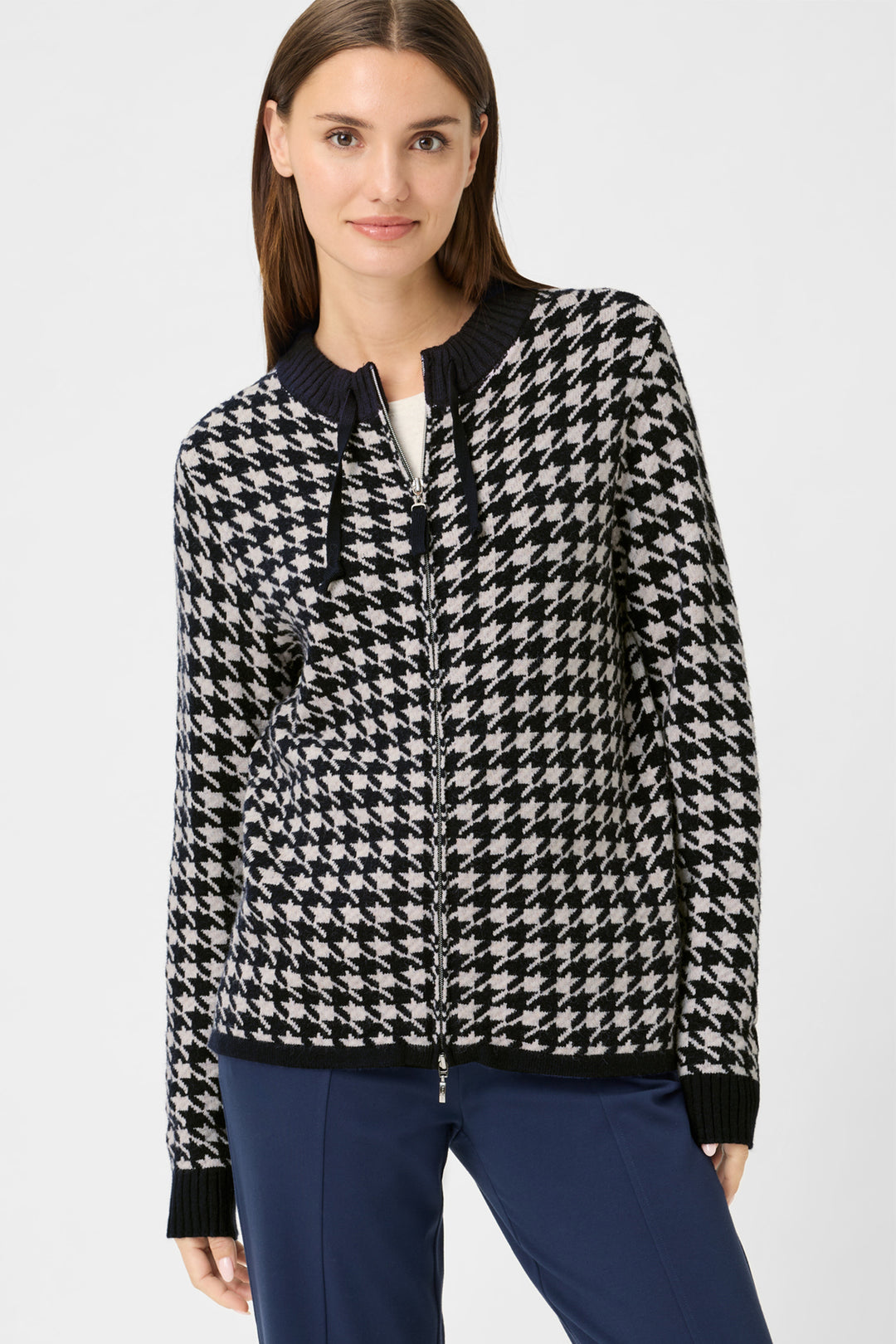 Olsen 11004697 Ink Blue Houndstooth Knit Zip Front Cardigan