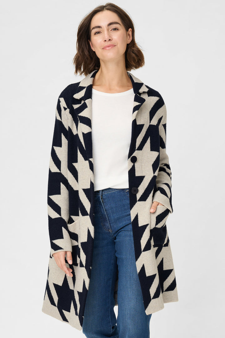 Olsen 11004783 Navy Houndstooth Print Longline Jacket