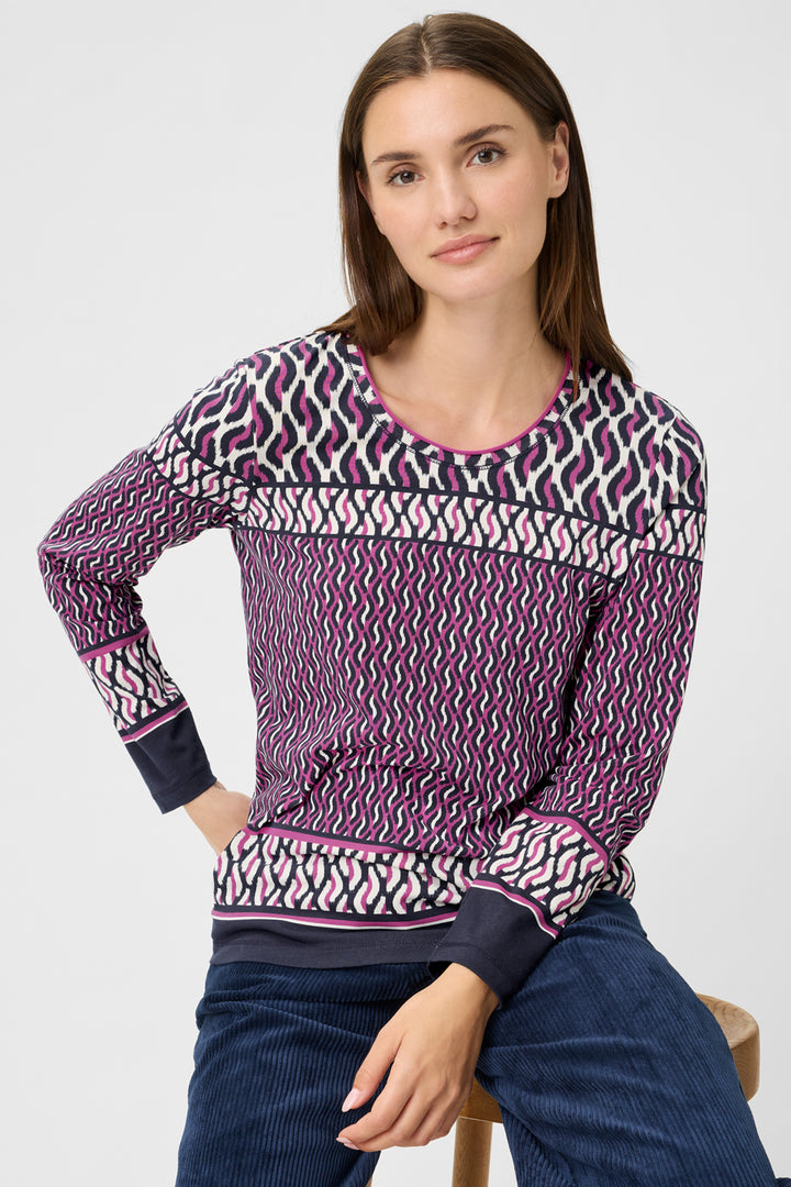 Olsen 11105243 Sweet Orchid Pink Navy Print Long Sleeve T-Shirt