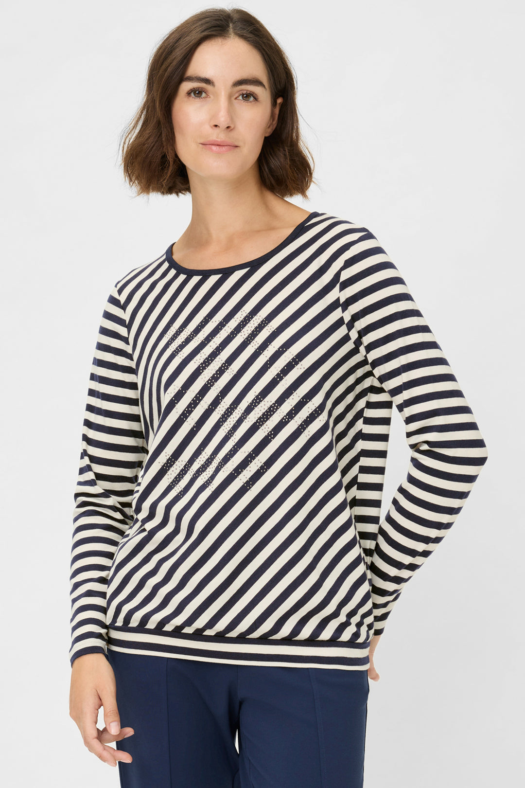 Olsen 11105247 Ink Blue Stripe Embellished Top