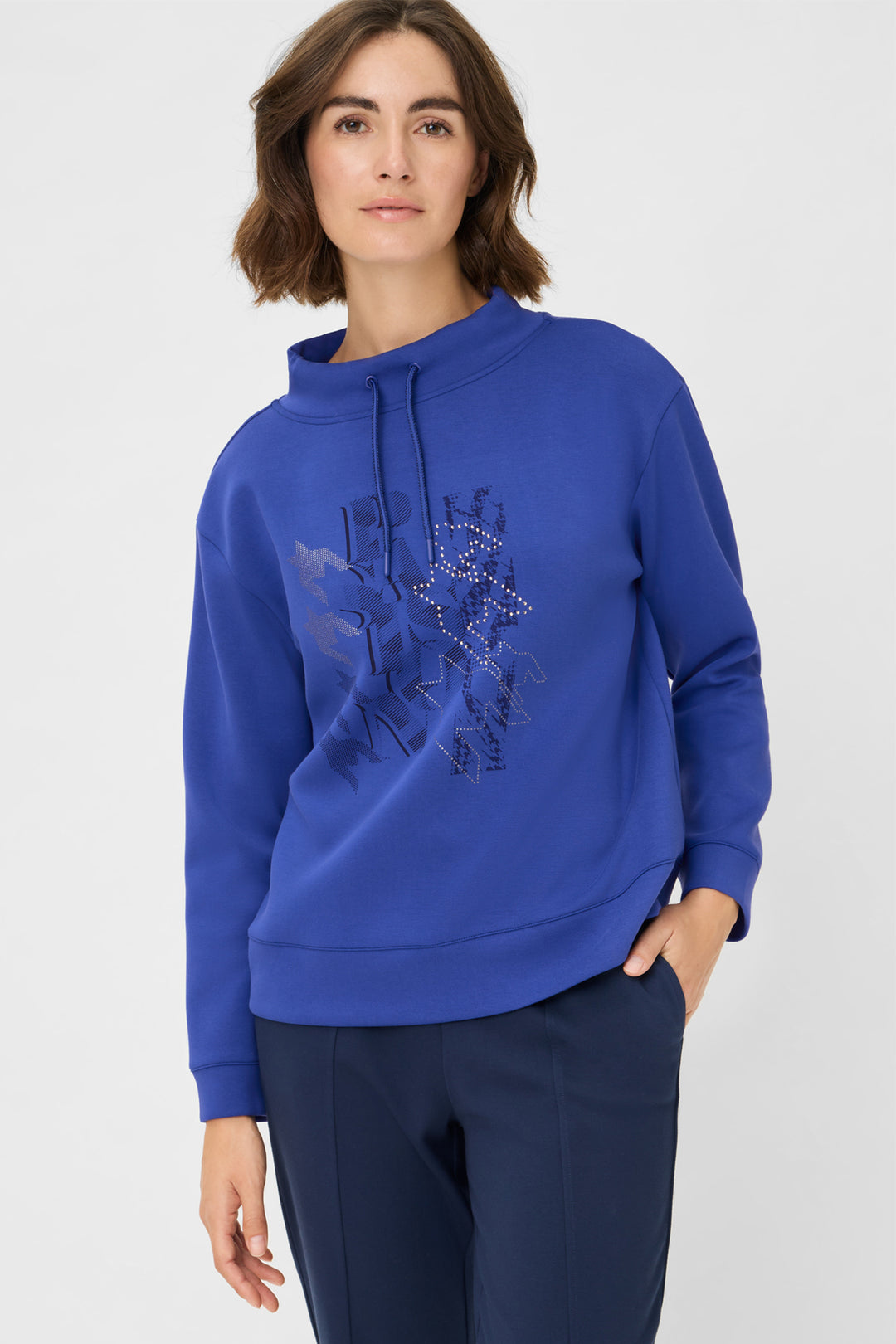 Olsen 11201678 Cobalt Blue Houndstooth Wide Neck Sweatshirt