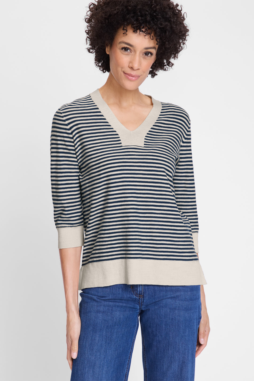 Olsen Navy & Taupe Stripe Knitted Jumper 11004621 40290 - Experience Boutique