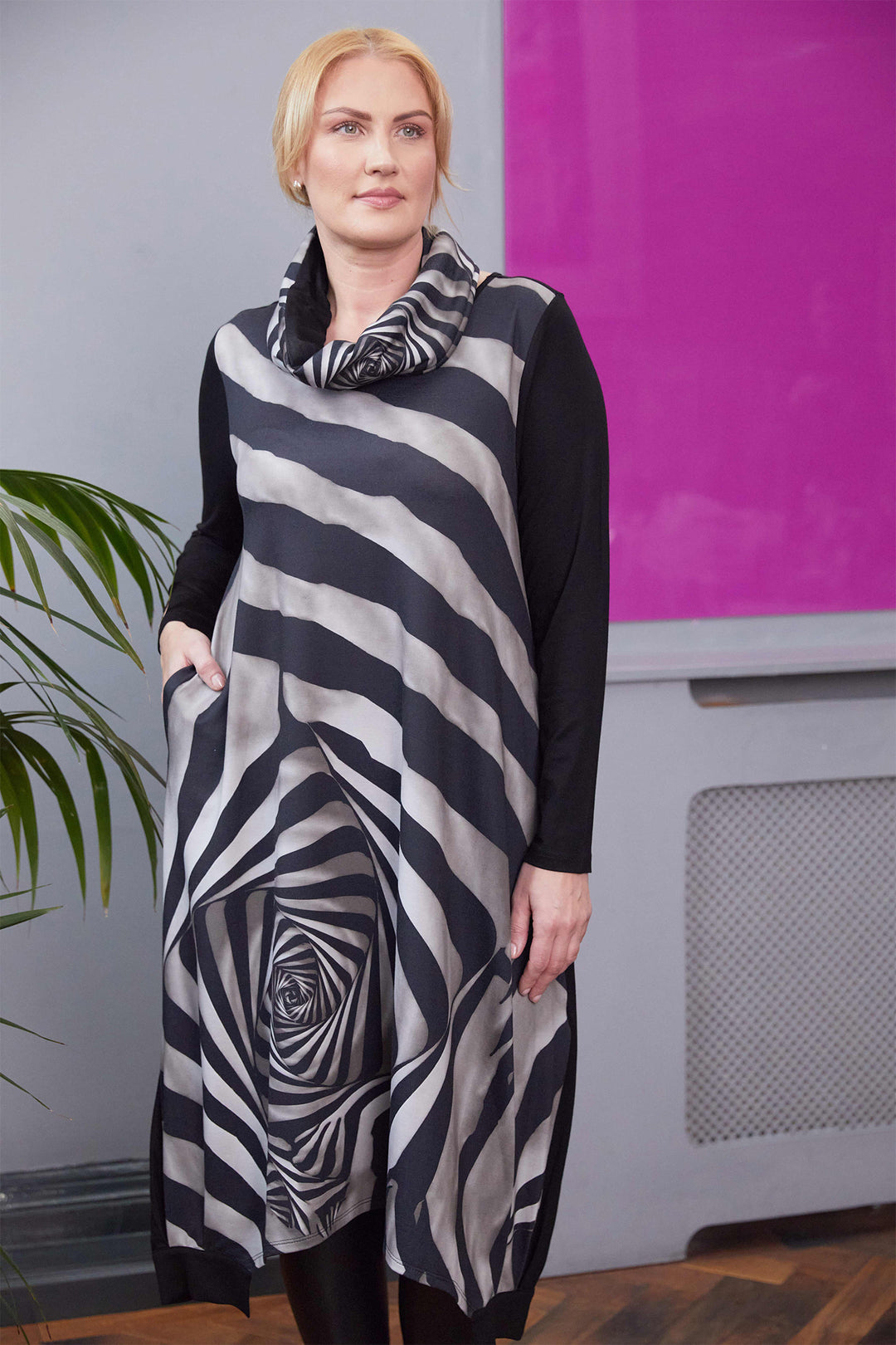 Ora ORW25167 Black Infinity Print Long Sleeve Cowl Neck Dress