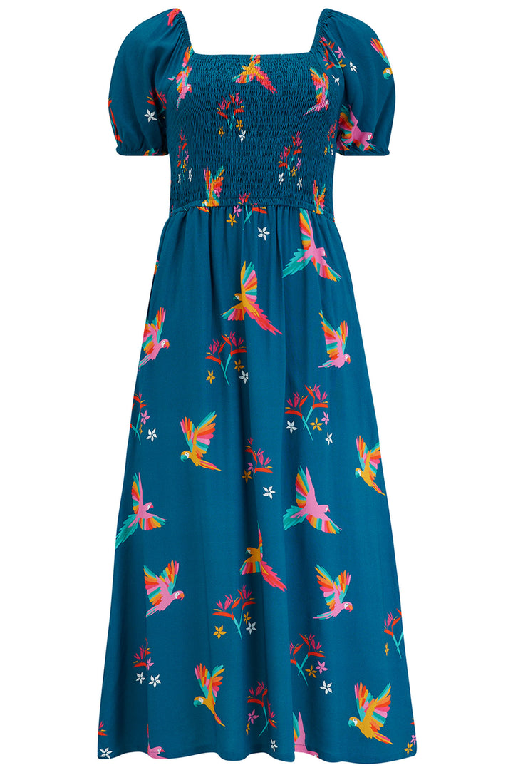 Sugarhill Brighton D1105 Jolene Teal Parrot Print Shirred Midi Dress - Experience Boutique