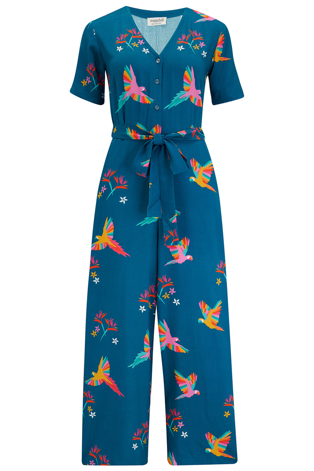 Sugarhill Brighton JS0177 Kristie Teal Parrot Print Cropped Jumpsuit - Experience Boutique