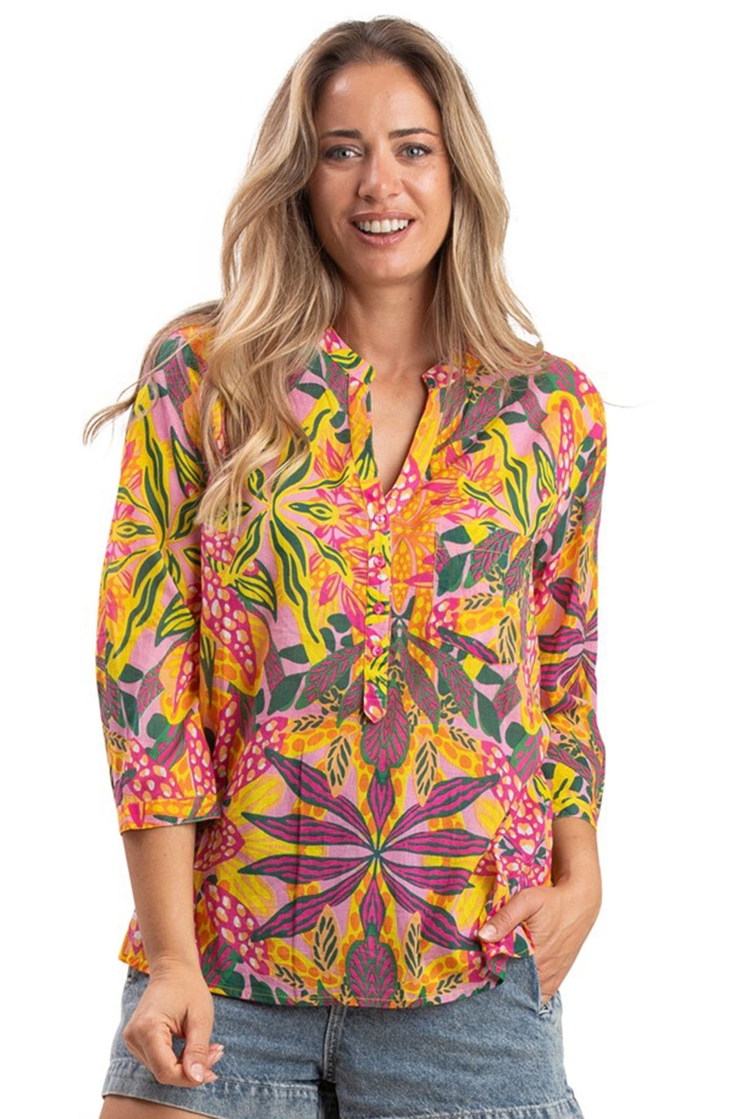 Terre Rouge GS40-415V Pink Tropical Print V-Neck Top - Experience Boutique