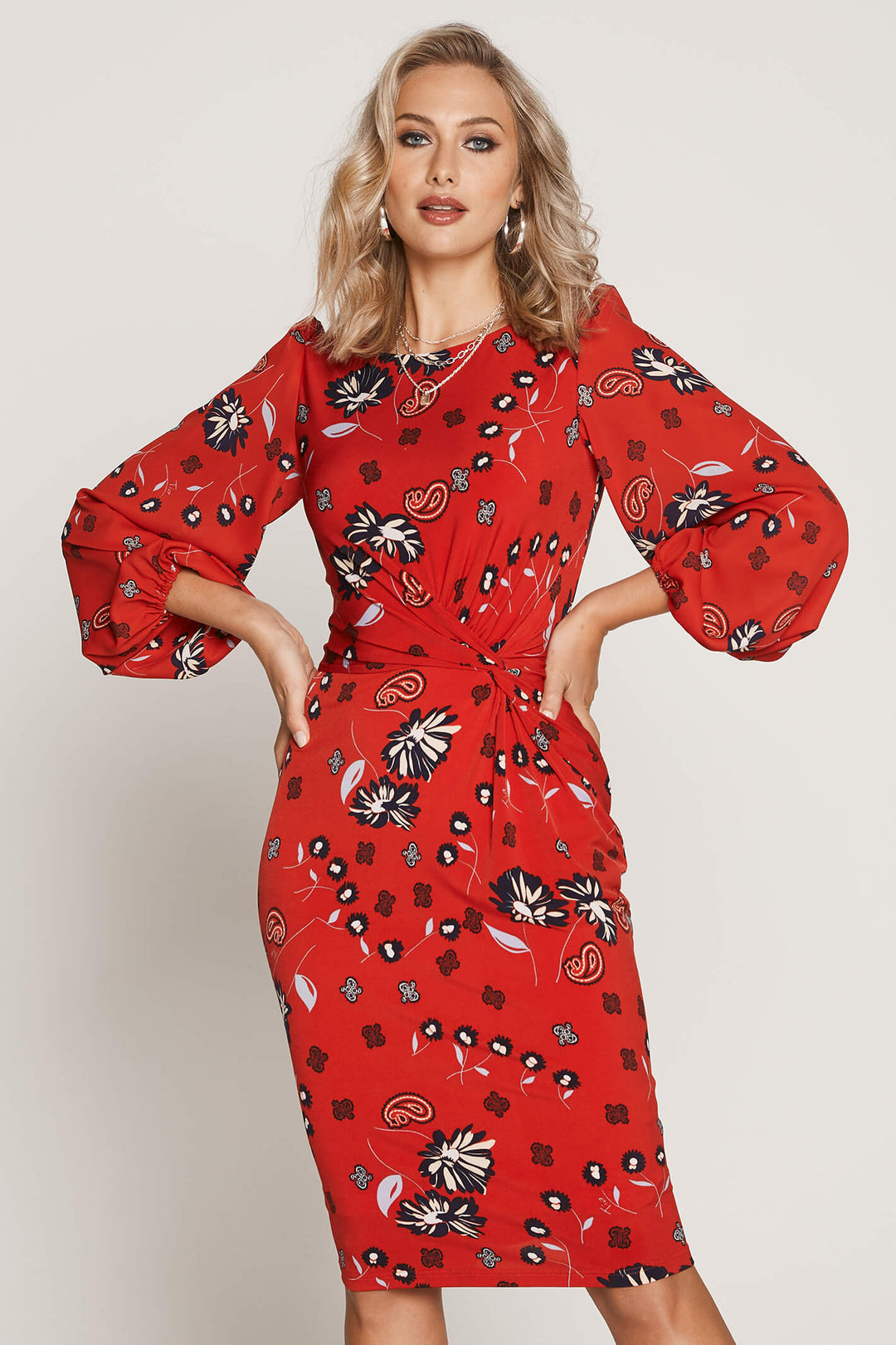 Tia 78173 Red Paisley Print Puff Sleeve Dress - Experience Boutique