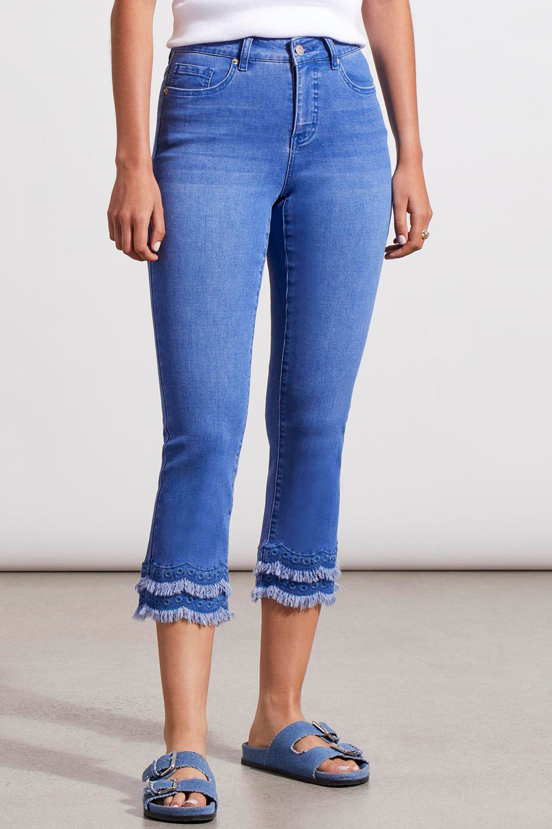 Tribal 5426O Sea Sapphire Blue Fray Hem Cropped Jeans - Experience Boutique