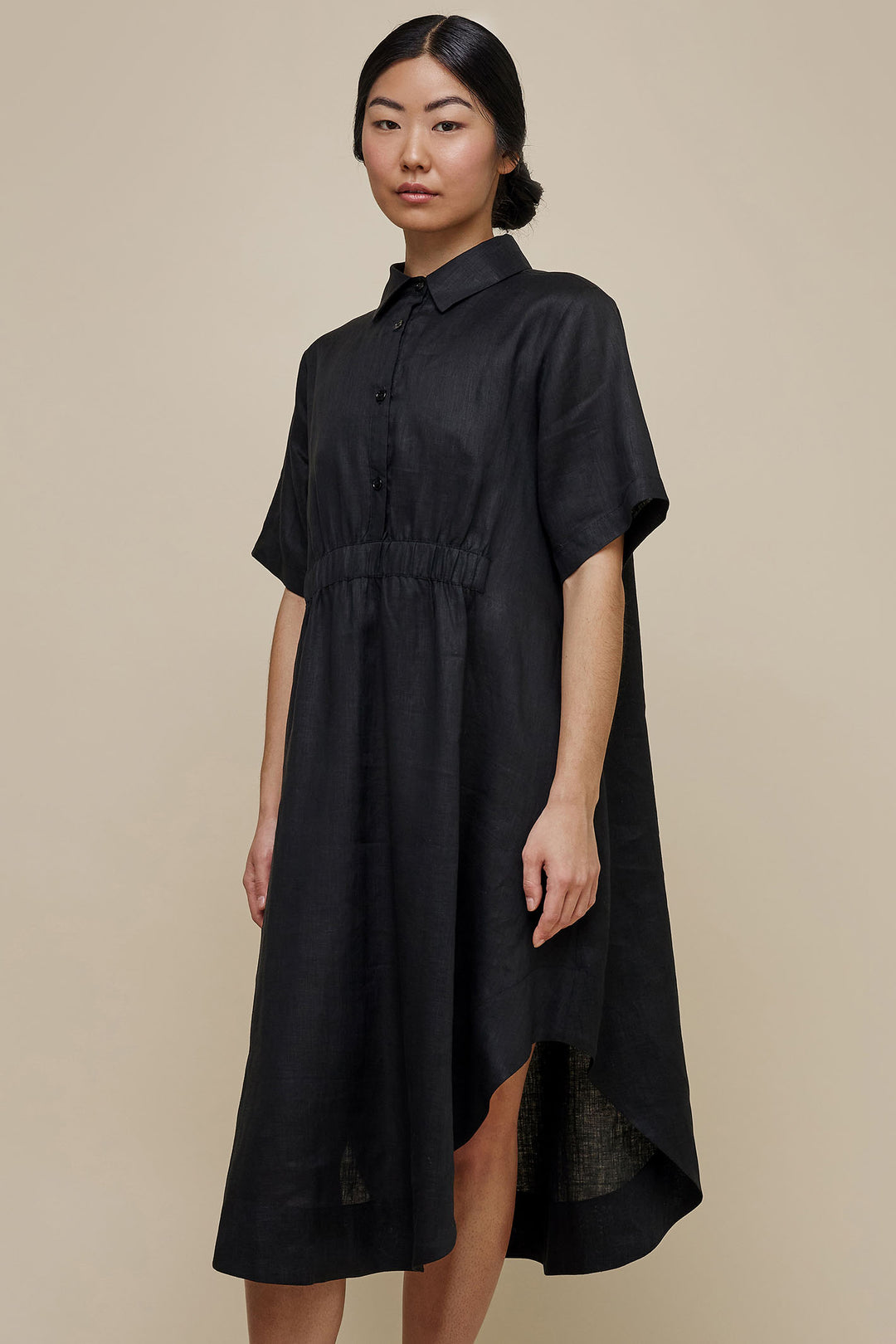 Uchuu CS24-012 Black Linen A-Line Oversized Shirt Dress - Experience Boutique