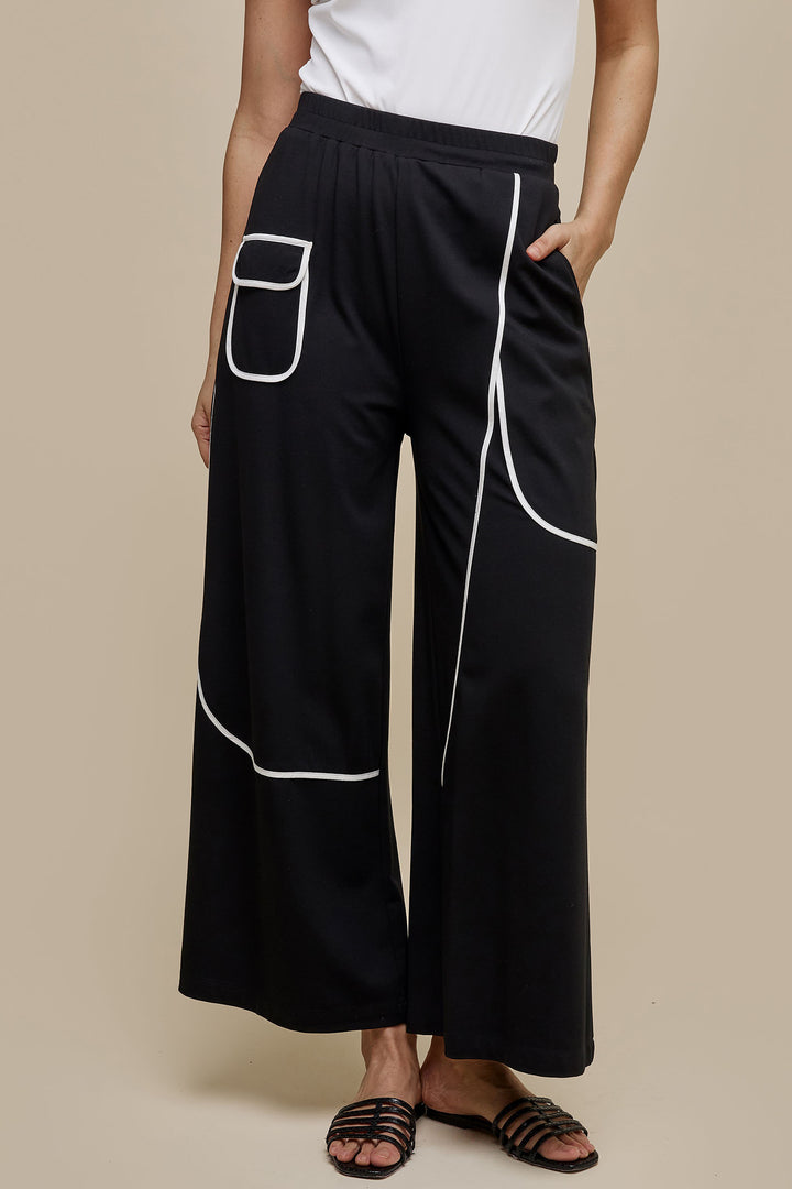 Uchuu CS24-102 Black Contrast Piping Wide Leg Trousers - Experience Boutique