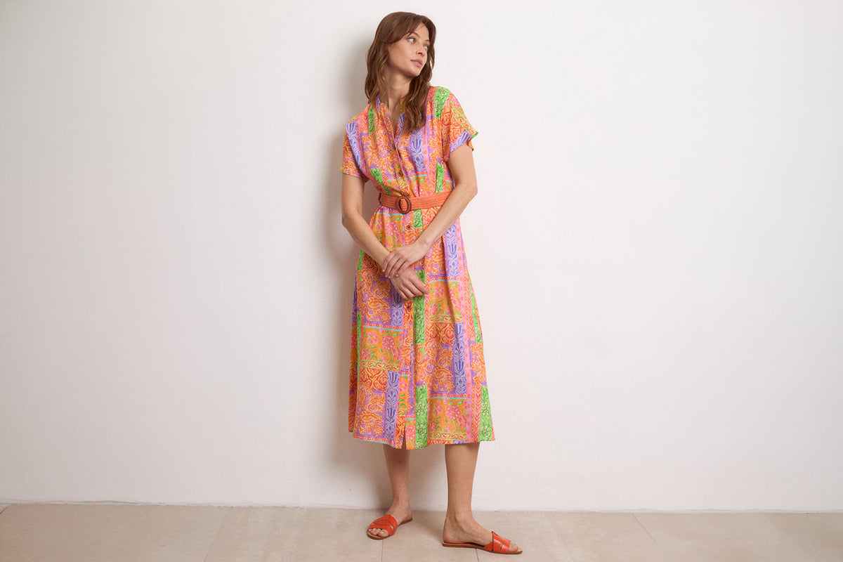 Tinta Corfu Orange Multicolour Print Shirt Dress at Experience Boutique in Fleet