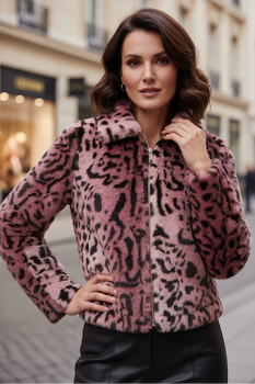 Alice Collins Connie pink leopard faux fur jacket at Experience Boutique