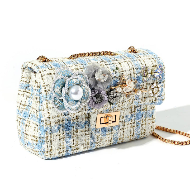 Blue &amp; White Tweed Bag with Pearl and Flowers Accents