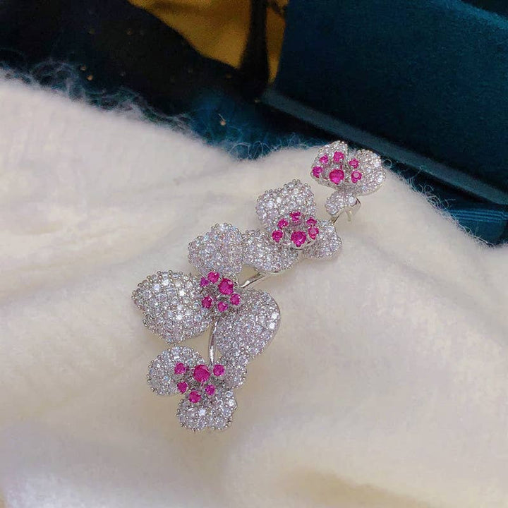 Sparkling Orchid Broach with Diamonds & Rubies in Silver