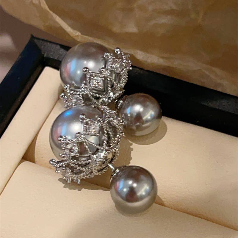 Grey Pearl Earrings with Crystal Embellished Crowns