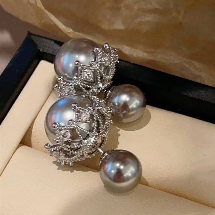 Grey Pearl Earrings with Crystal Embellished Crowns