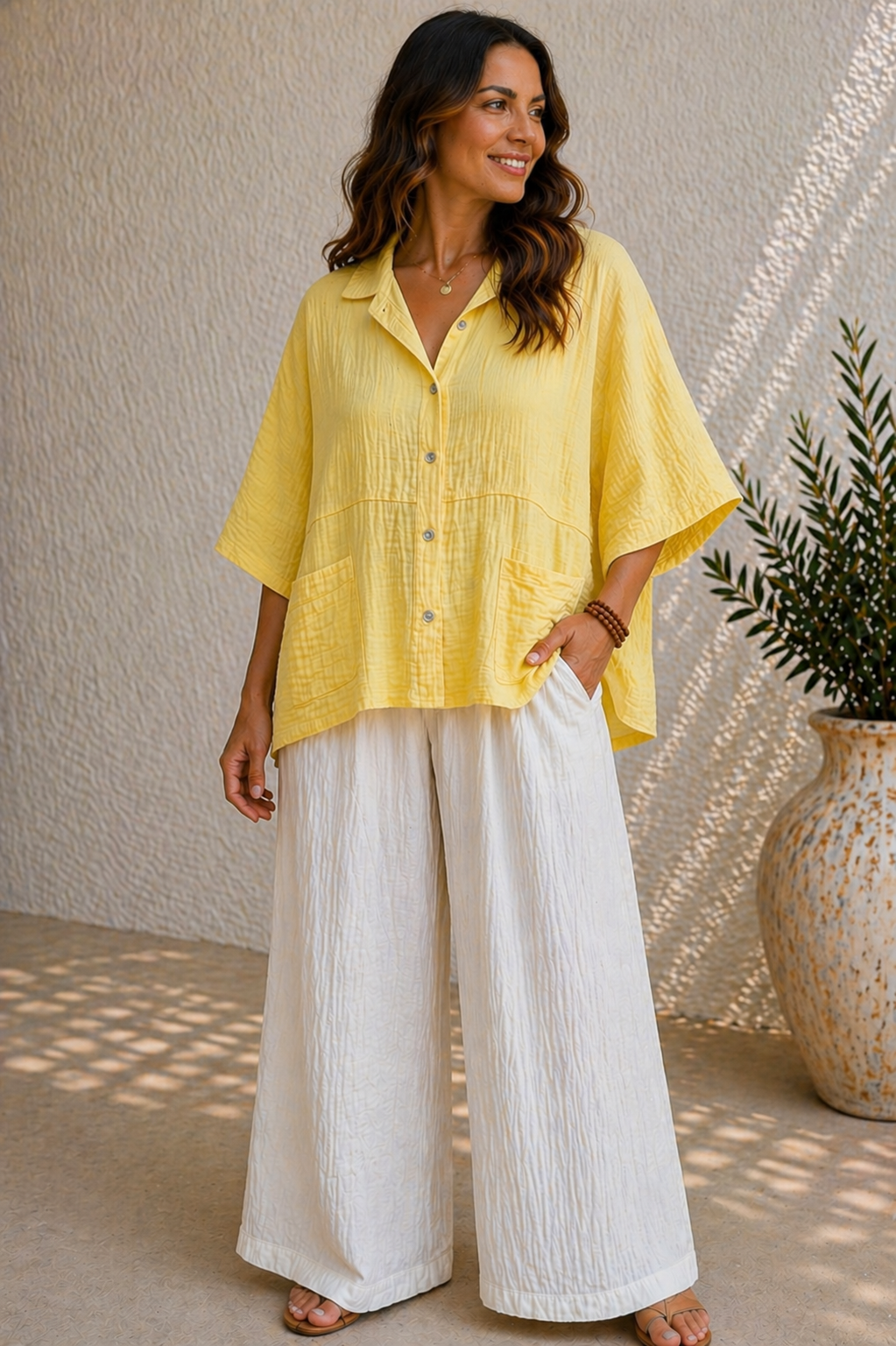 Yellow Crinkle Button-Through Relaxed Cotton Shirt