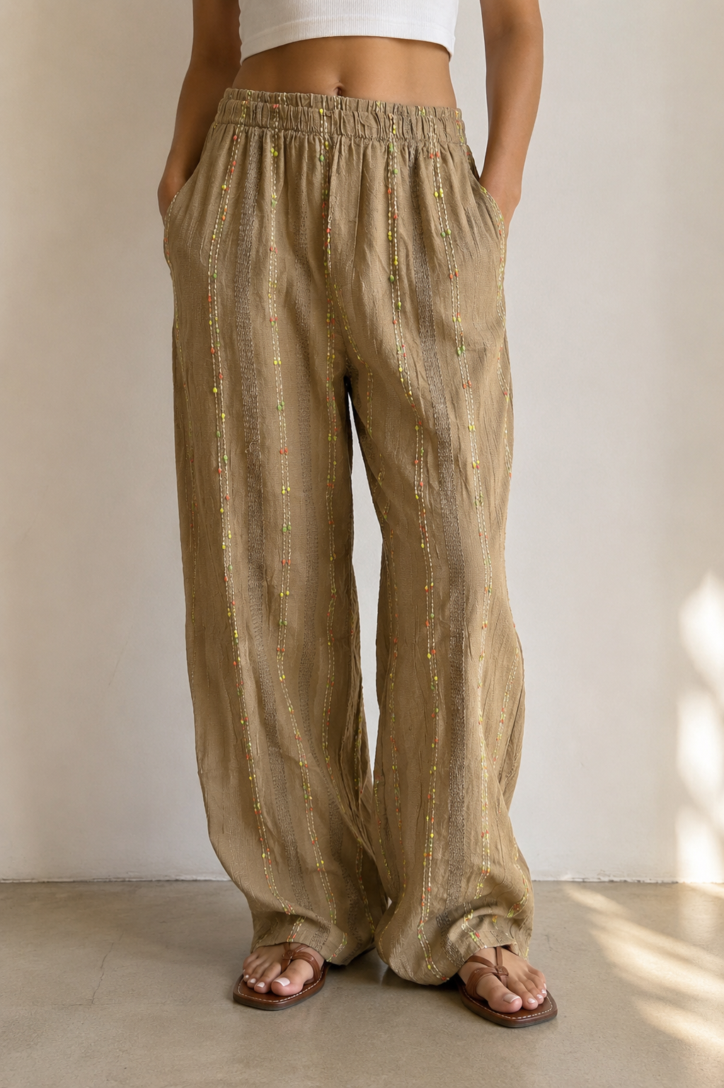 Brown Embellished Neon Stripe Linen Blend Wide Leg Trousers