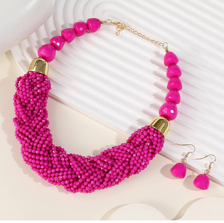 Fuchsia Beaded Necklace & Dangle Earrings Set