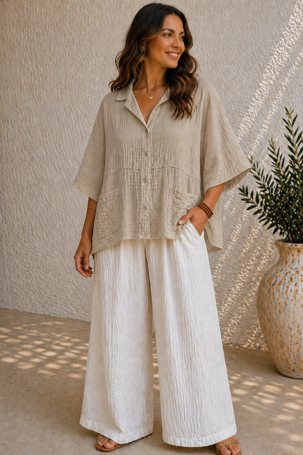 Crinkle Beige Button-Through Cotton Relaxed Shirt