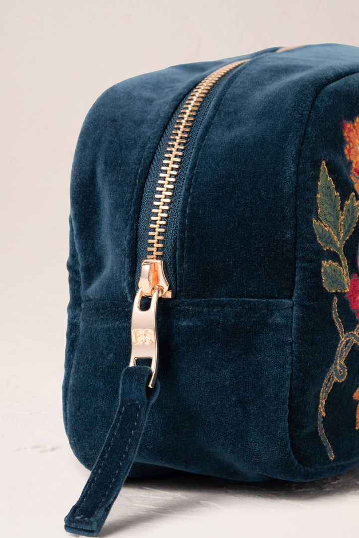 Elizabeth Scarlett Ink Blue Botanical Garden Velvet Makeup Bag