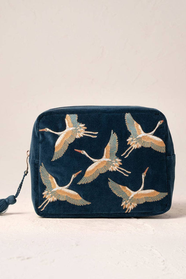 Elizabeth Scarlett Ink Blue Embroidered Cranes Velvet Wash Bag