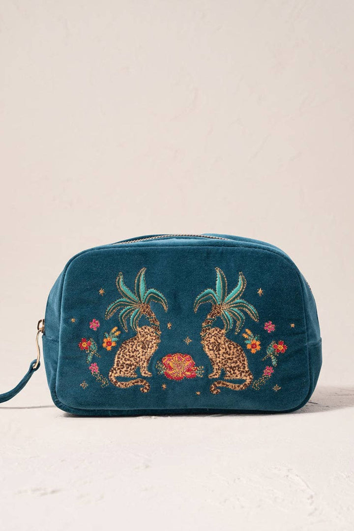 Elizabeth Scarlett Rich Blue Tropical Jaguar Velvet Makeup Bag