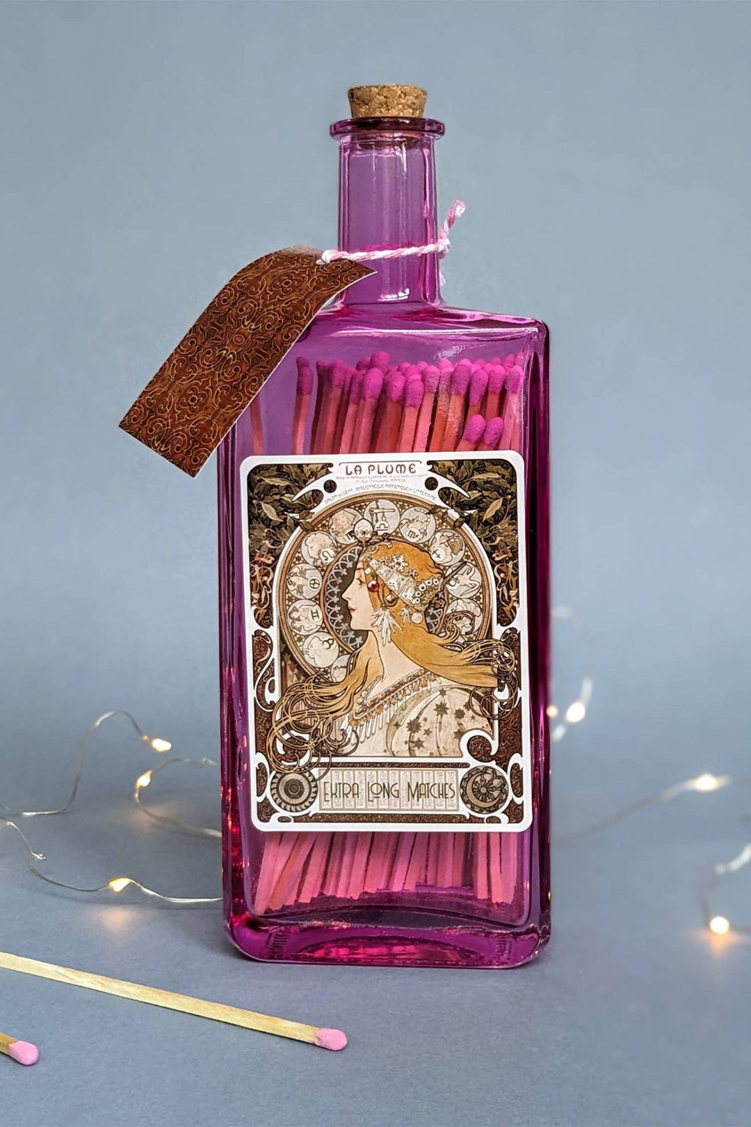Matches In Pink Gin Bottle - Art Nouveau Mucha La Plume