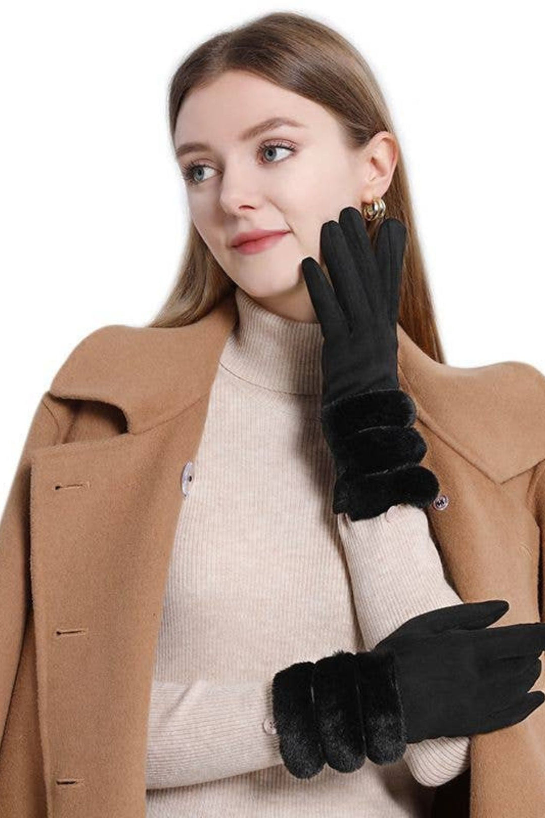 Luxurious Suede and Faux Fur Winter Gloves Black