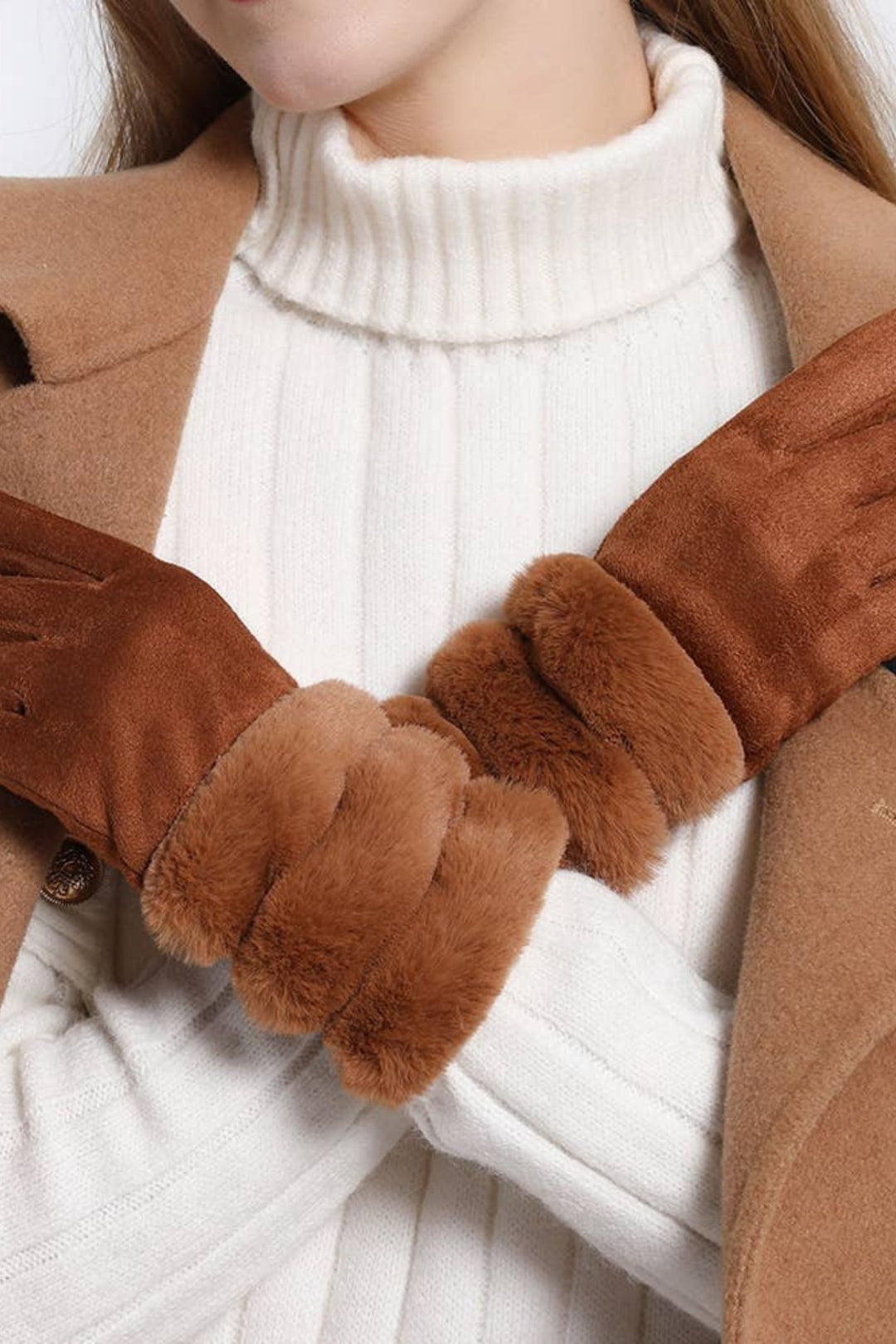 Luxurious Suede and Faux Fur Winter Gloves Tan