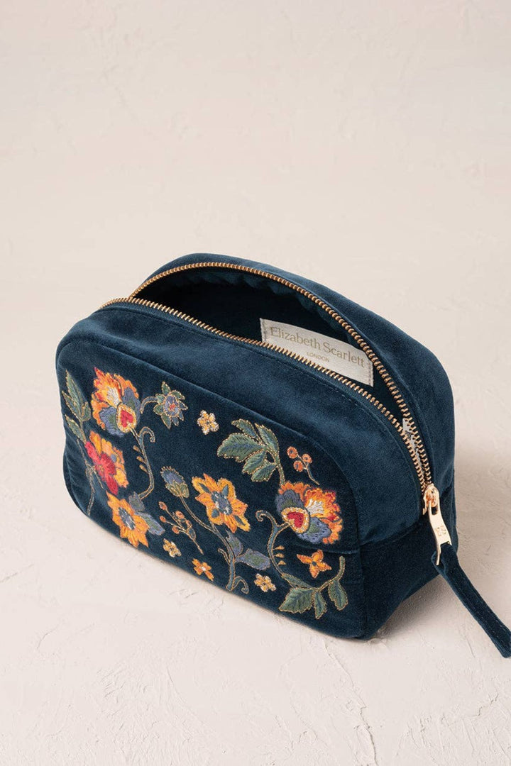 Elizabeth Scarlett Ink Blue Botanical Garden Velvet Makeup Bag