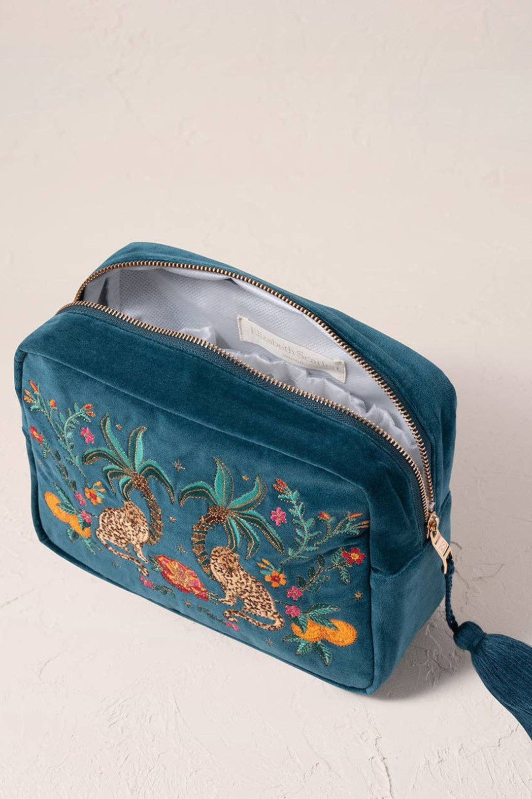 Elizabeth Scarlett Rich Blue Tropical Jaguar Velvet Makeup Bag
