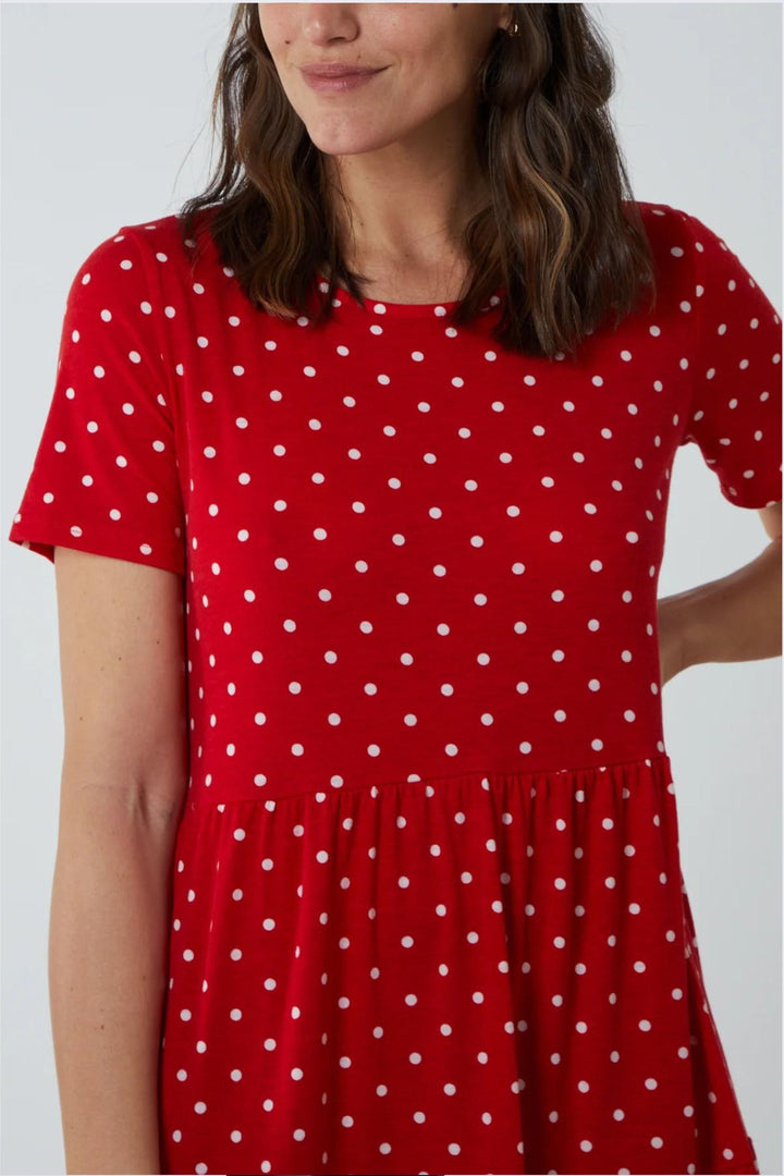 Red & White Polka Dot Tiered Midi Dress