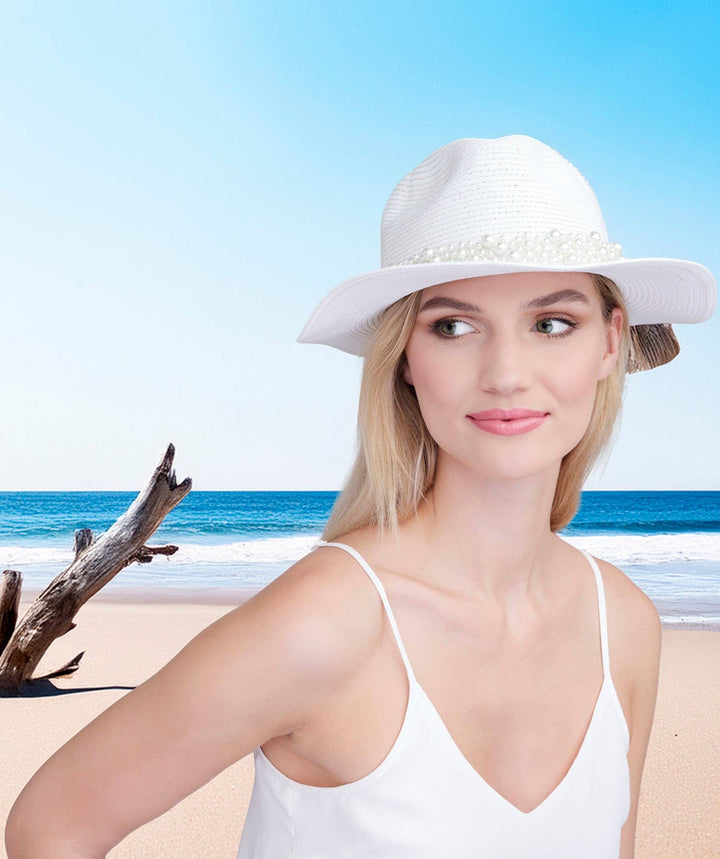 Tan Pearl Trim Straw Fedora