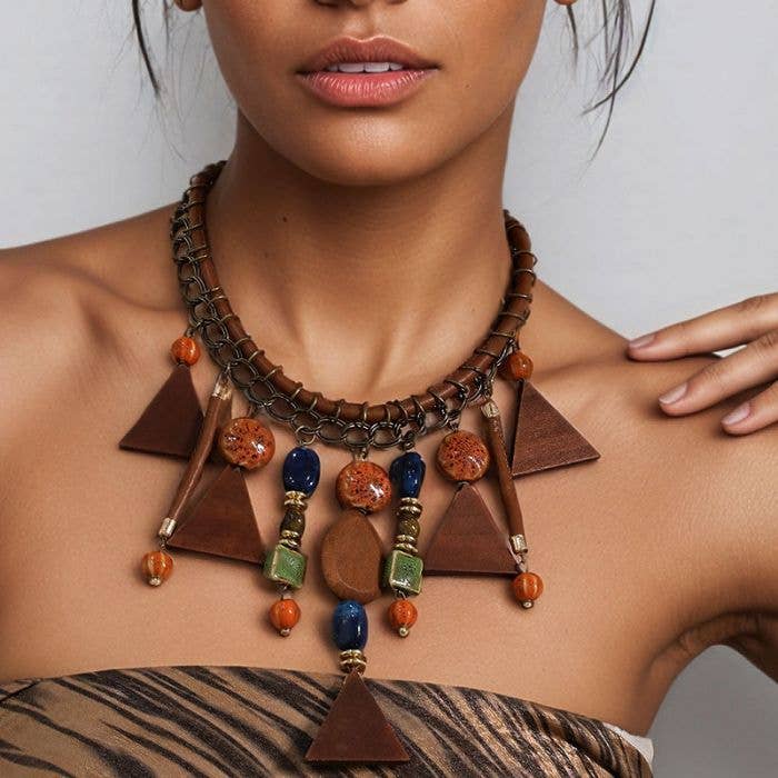 Festival Wooden Geometric Statement Necklace