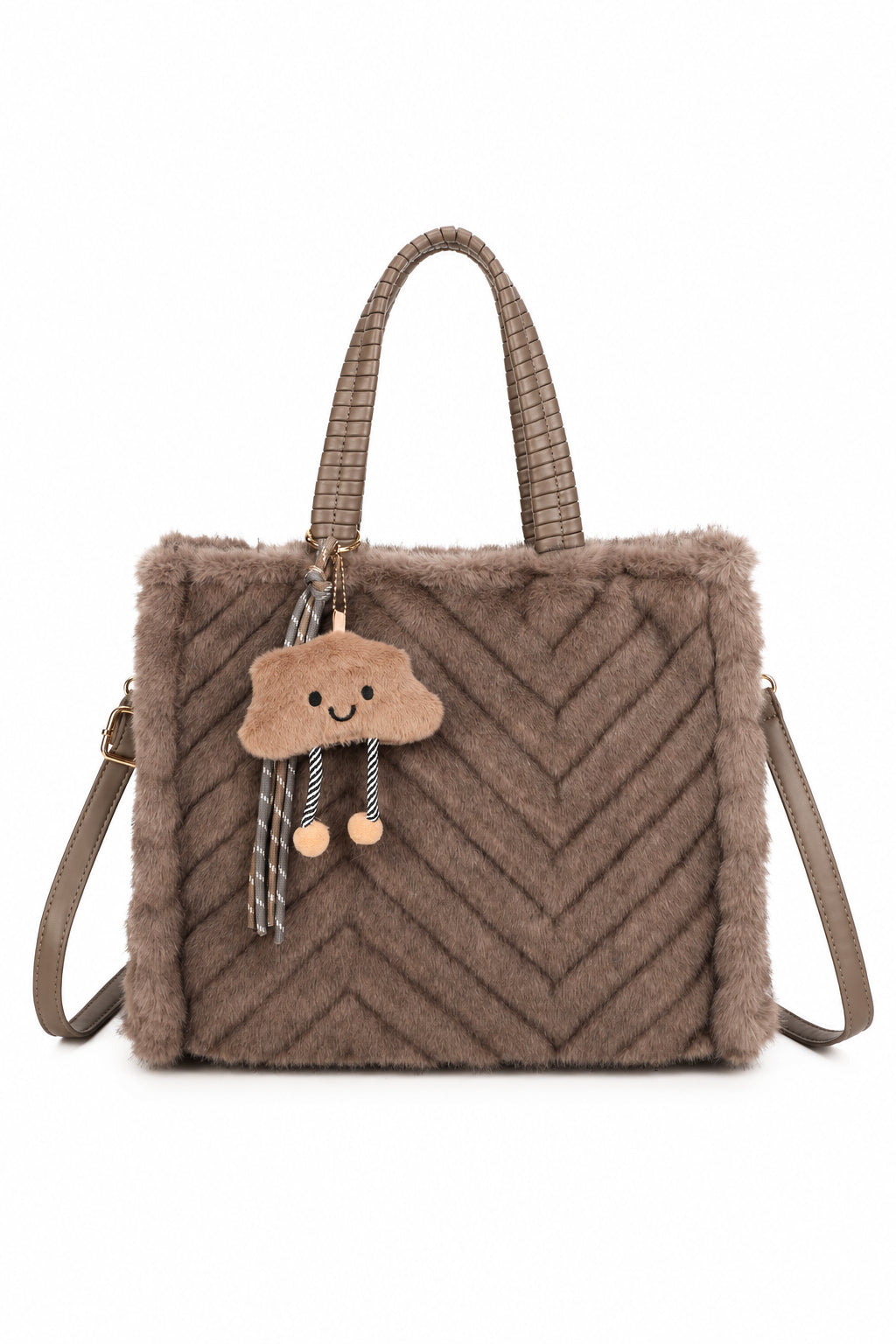 A brown faux fur handbag with a chevron pattern, featuring two top handles, a detachable shoulder strap, and a cute cloud-shaped plush keychain charm.