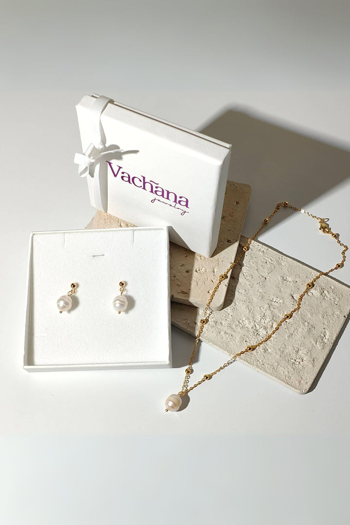 18K Gold Plated Pearl Necklace & Earrings Jewellery Set