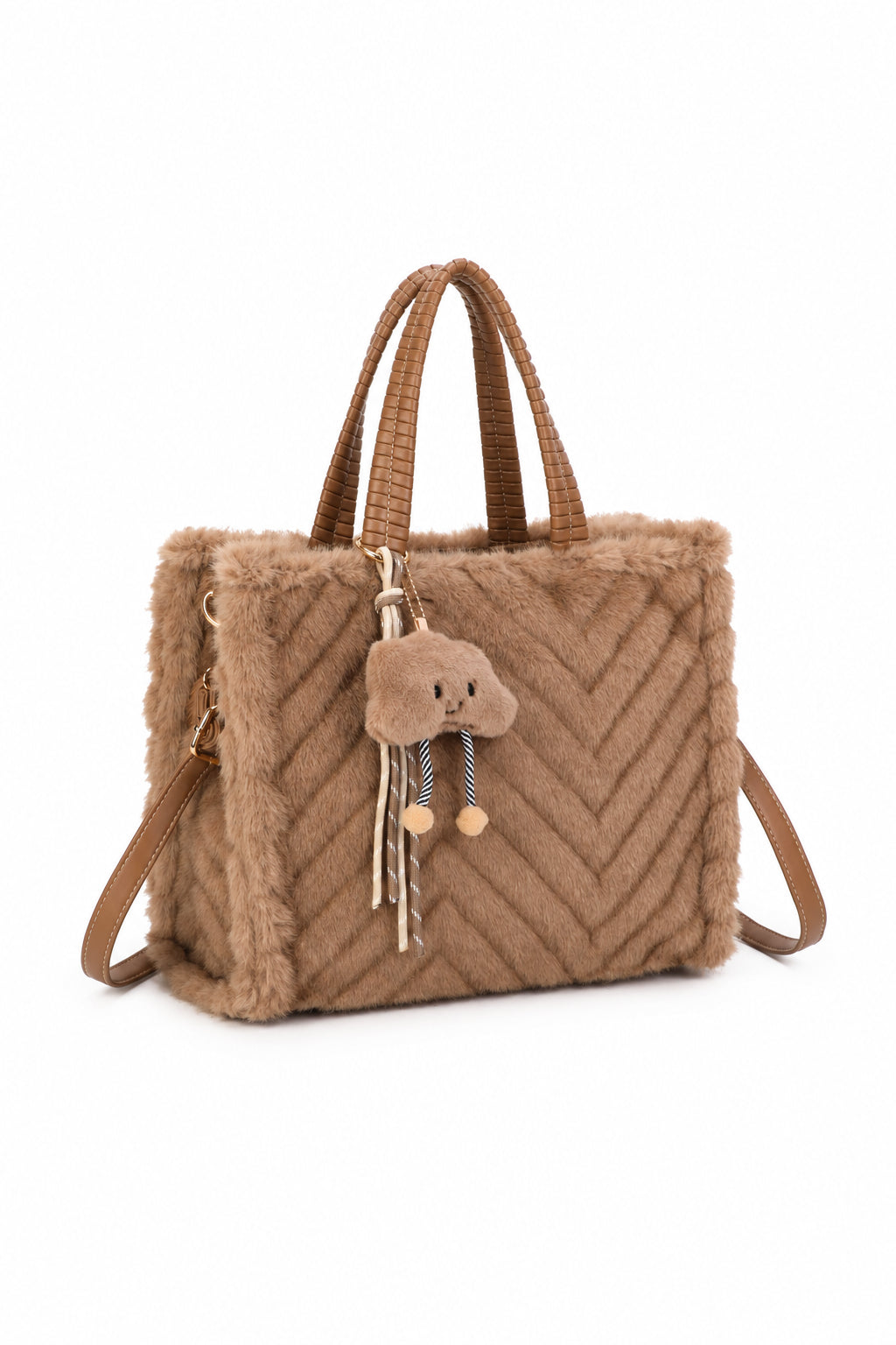 Beige Chevron Faux Fur Tote Bag