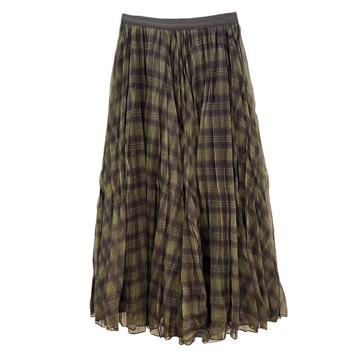 Dark Green Plaid Pleated Maxi Skirt