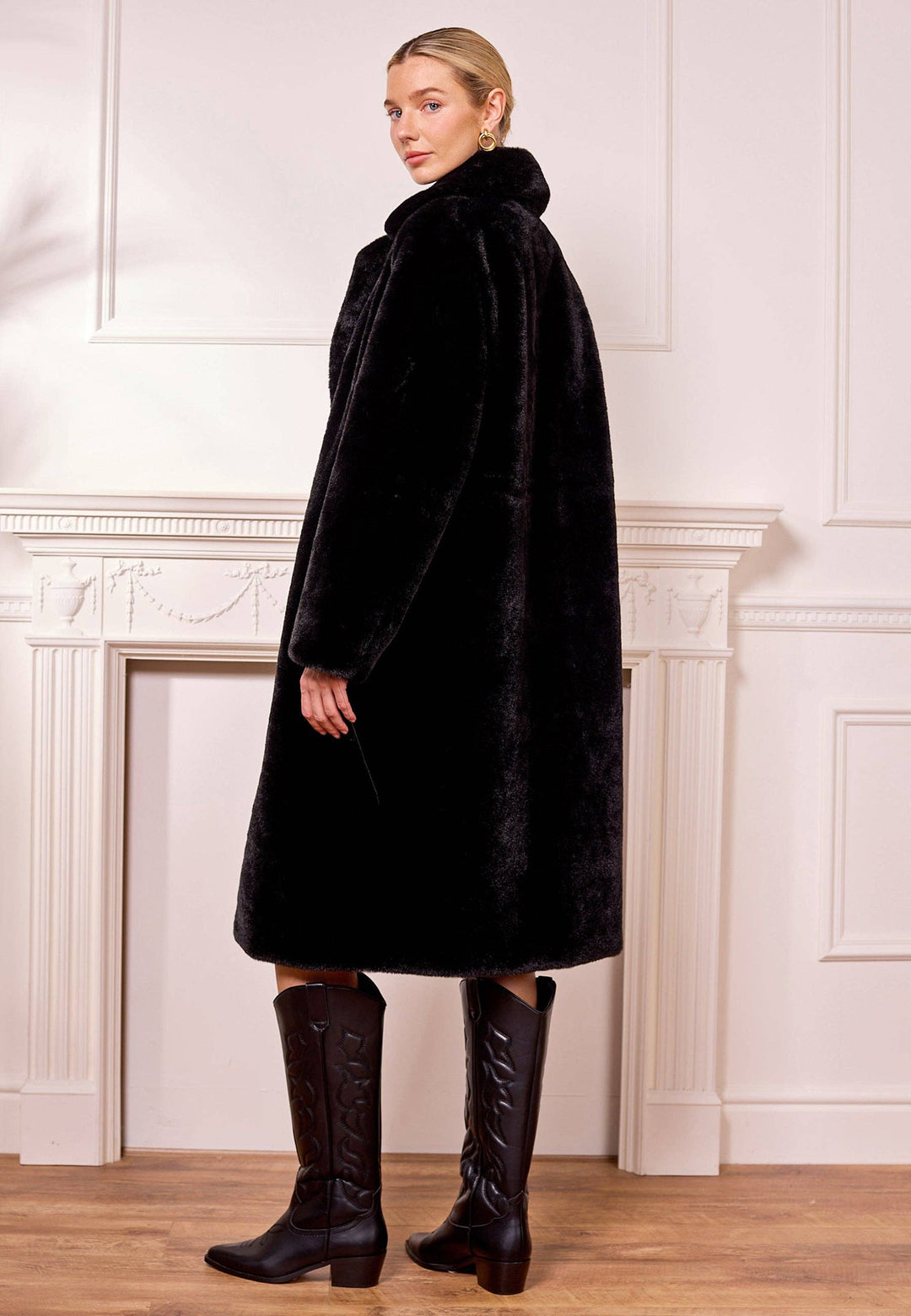 Black Longline Faux Fur Coat