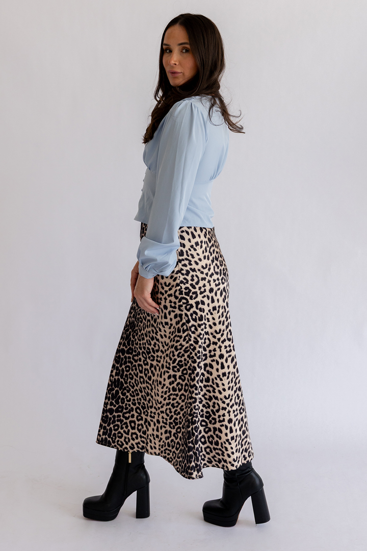 Brown Leopard Print A-Line Satin Slip Skirt