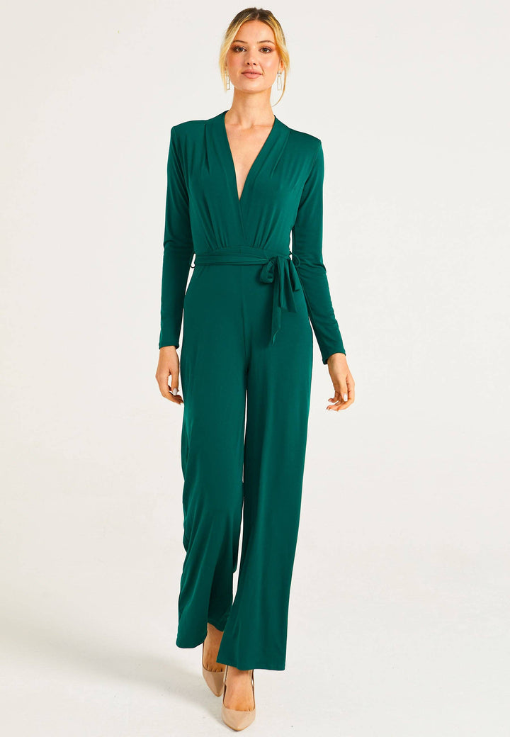 Green V-Neck Wide Leg Jumpsuit With Long Sleeves