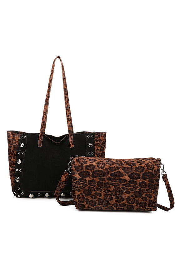 Leopard & Black Suede Studded Tote Bag