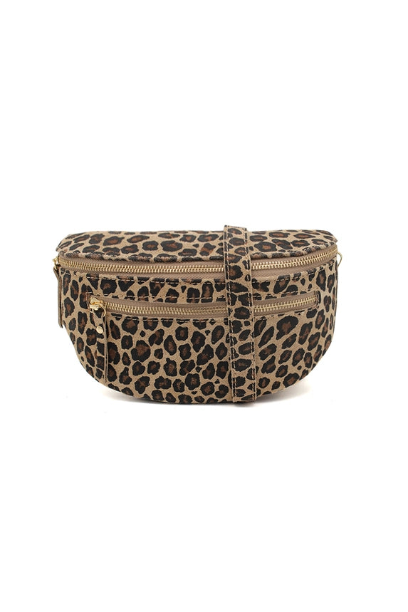 Leopard Print Suede Half Moon Crossbody Bag
