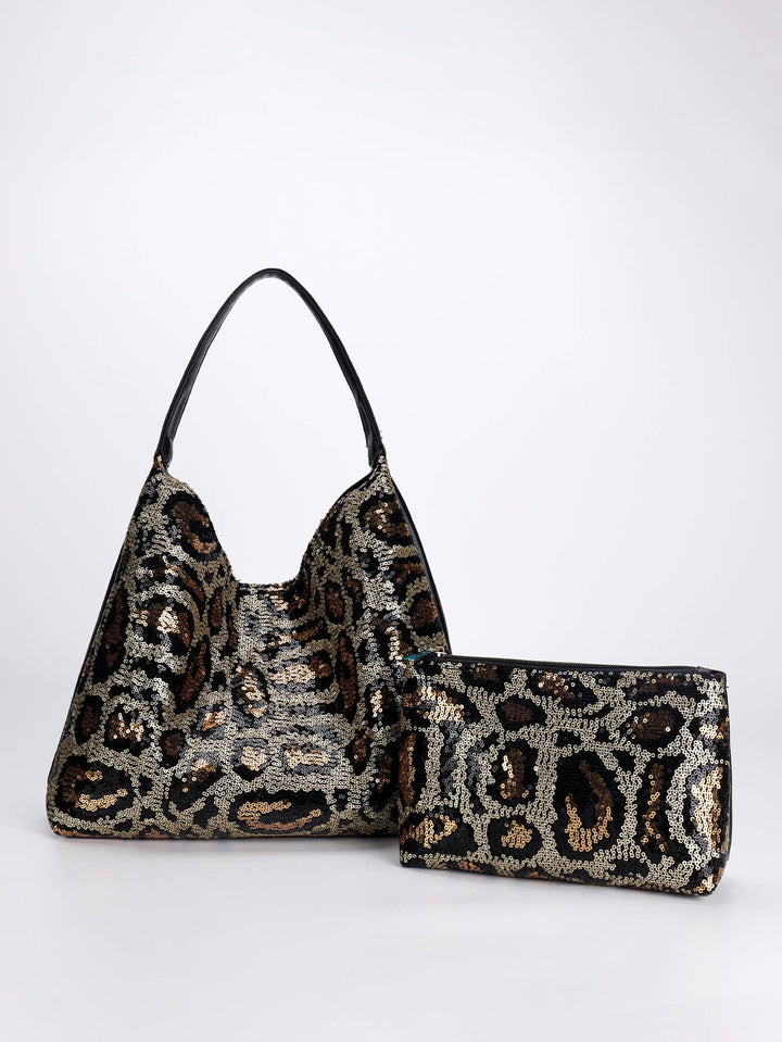 Black Leopard Sequin HandBag with Matching Clutch