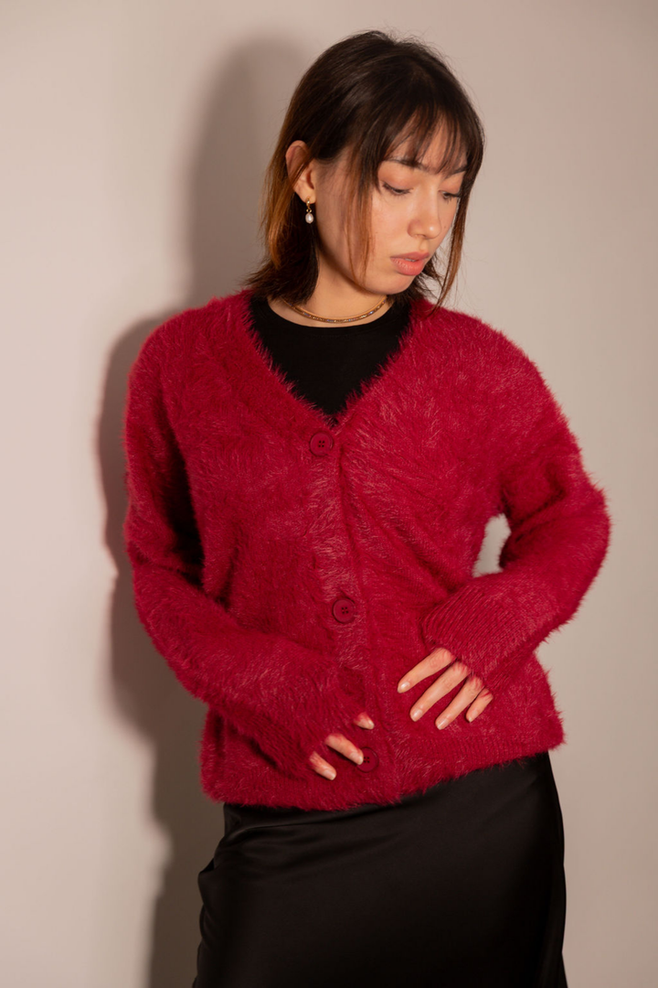 Cosy Knit Oversized Cardigan in Wine