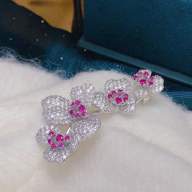 Sparkling Orchid Broach with Diamonds & Rubies in Silver