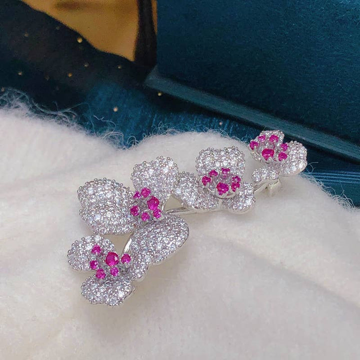 Sparkling Orchid Broach with Diamonds & Rubies in Silver