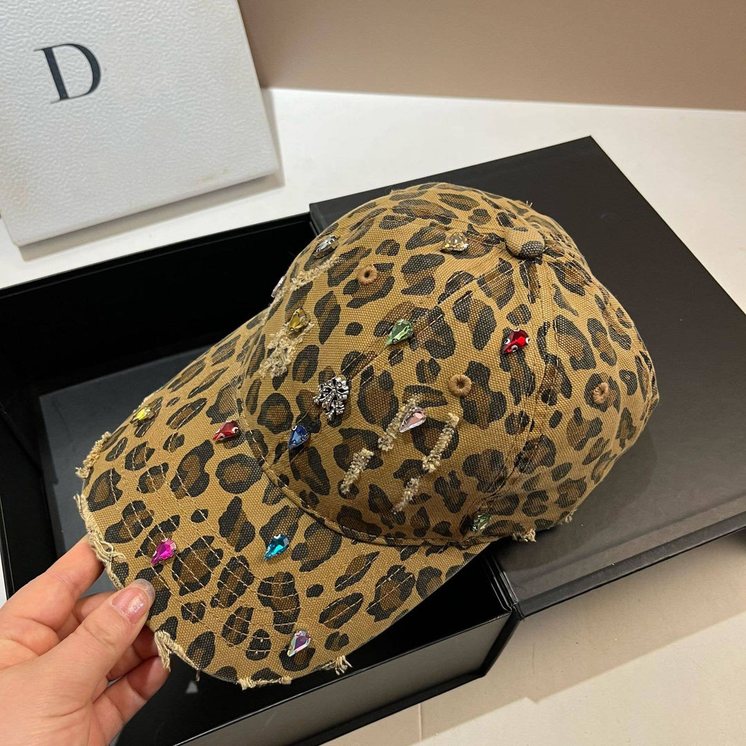 Taupe Jewelled Leopard Print Fashion Cap