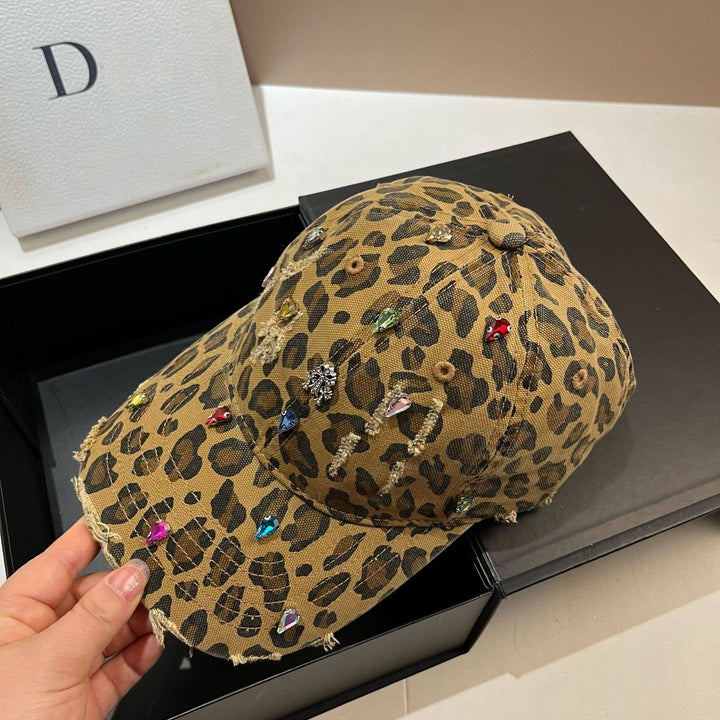 Taupe Jewelled Leopard Print Fashion Cap